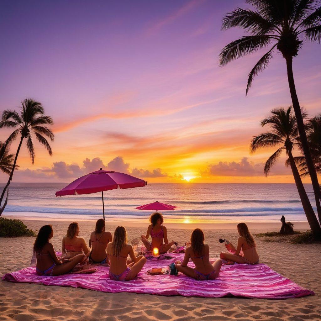 A sandy beach scene showcasing a diverse group of stylish individuals in vibrant bikinis, enjoying a summer movie night under the stars with a large outdoor screen lit up. Include beach towels, palm trees swaying in a gentle breeze, and colorful beach umbrellas adding to the festive atmosphere. Enhance the visual with a sunset palette of warm hues reflecting off the water, and beachgoers laughing and having fun. super-realistic. vibrant colors. tropical theme.