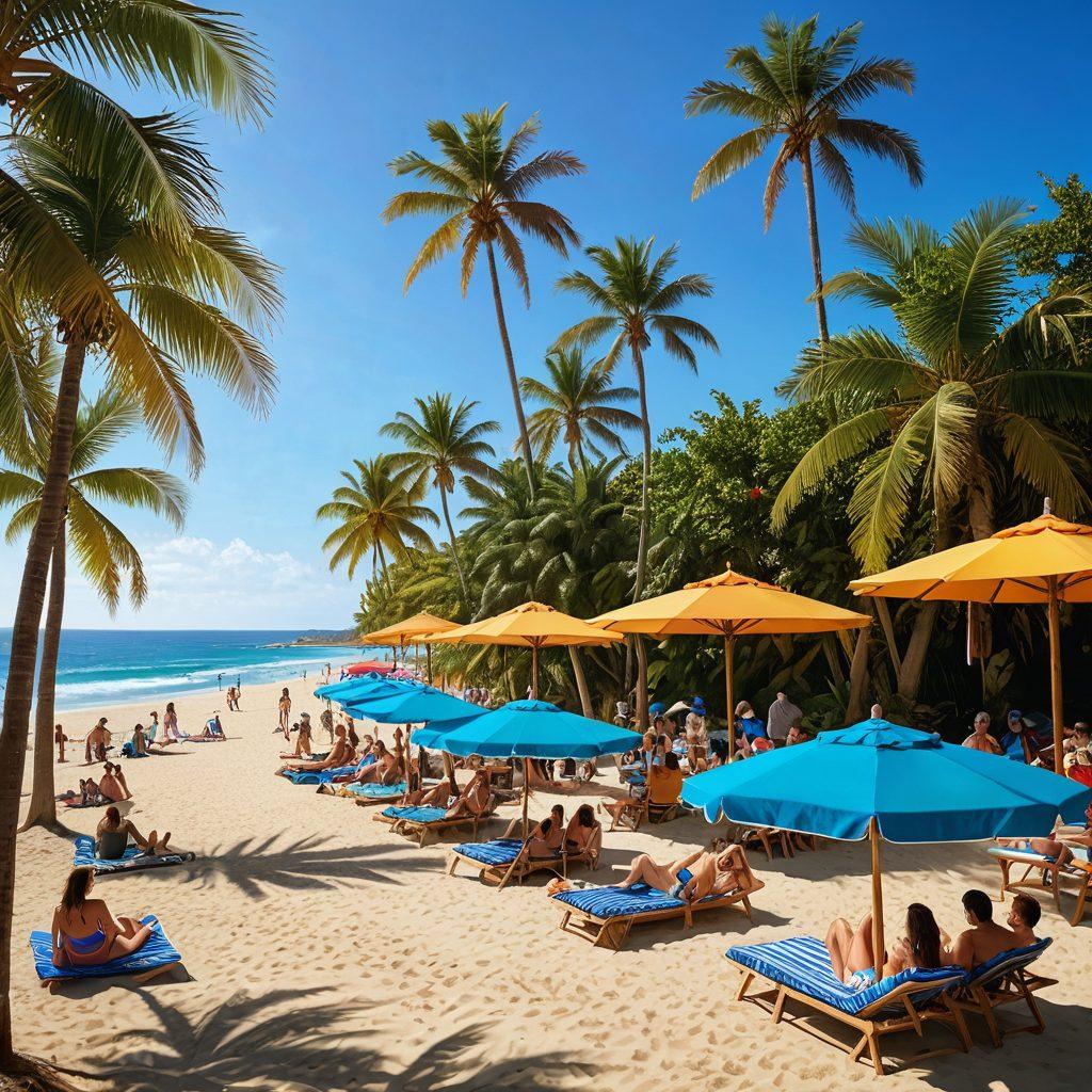 A vibrant beach scene featuring a diverse group of people energetically enjoying summer activities, surrounded by colorful beach umbrellas, surfboards, and tropical cocktails. In the background, a large movie screen showcasing classic summer blockbusters, with palm trees swaying under a bright blue sky. The atmosphere is lively, capturing the essence of summer fun and cinema. super-realistic. vibrant colors. beach setting.